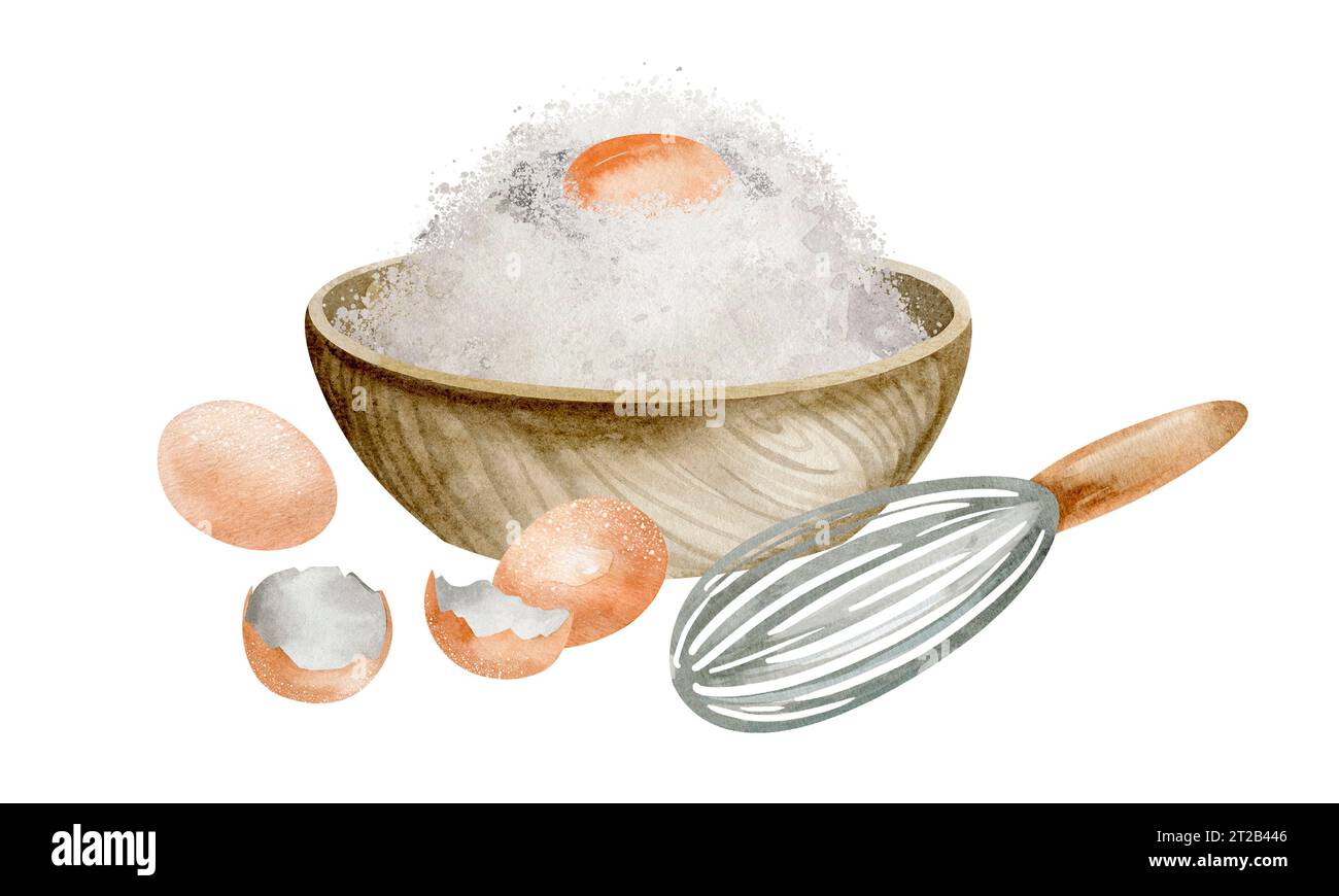 Zubereitung des Teigs. Aquarellillustration von Mehl und Eiern auf isoliertem Hintergrund. Backprodukte und Zutaten. Stockfoto