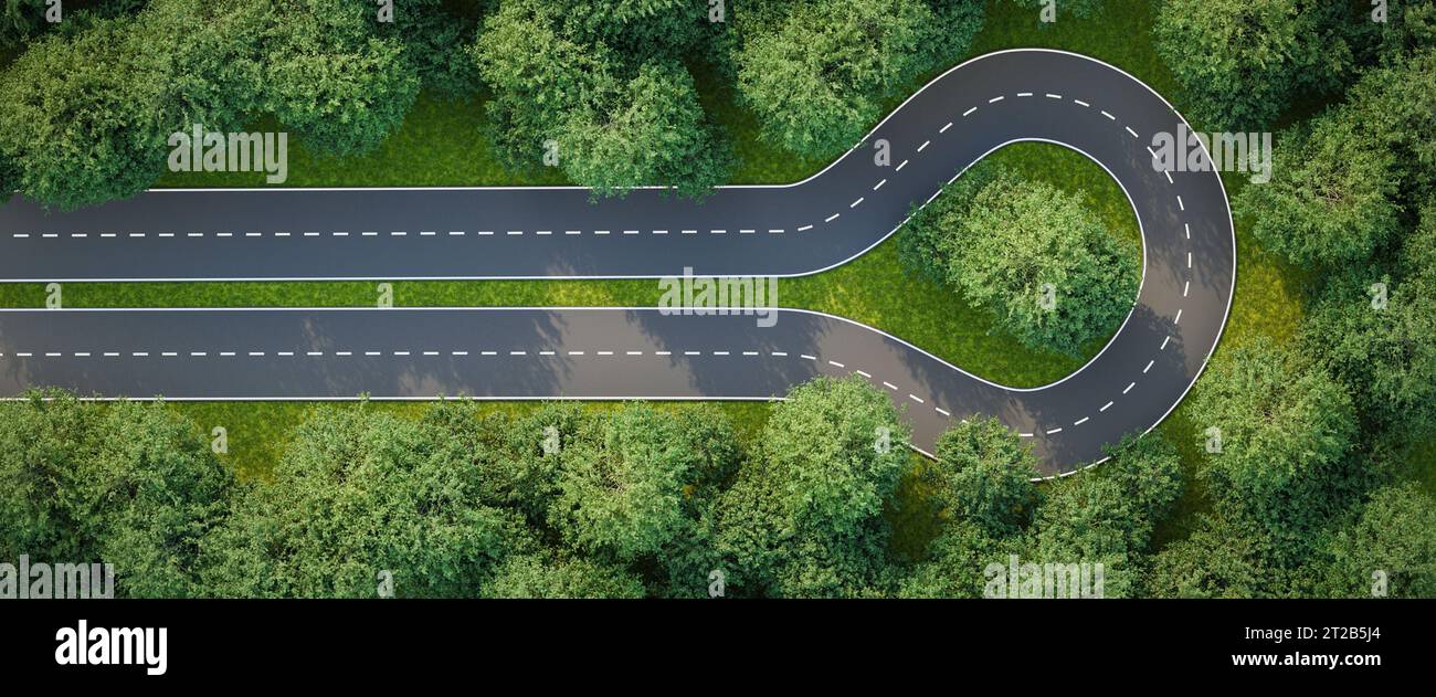 Luftbild einer Straße mit einer Wende in einem Ulmenwald - Konzept für Rückkehr, Veränderung Ihrer Meinung, Konfrontation, Richtung. Webbannerformat - Stockfoto