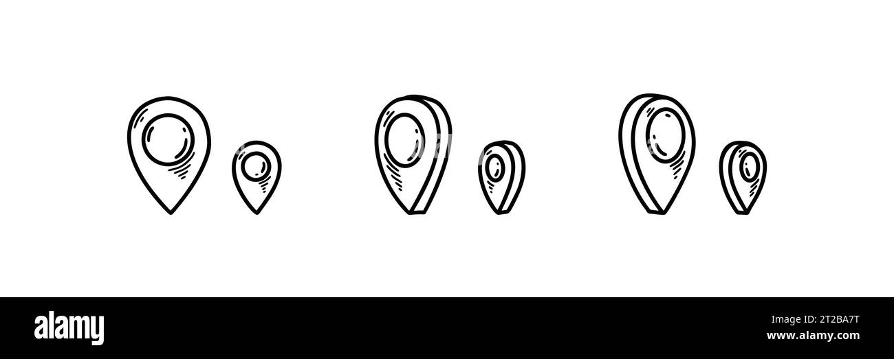 Satz von Symbolen für die Kritzelposition in verschiedenen Dimensionen. Handgezeichnete Skizze gps-Positionsmarkierung. Zeiger für die Navigation auf Reisen. Abgebogene Straßenmarkierung Stock Vektor