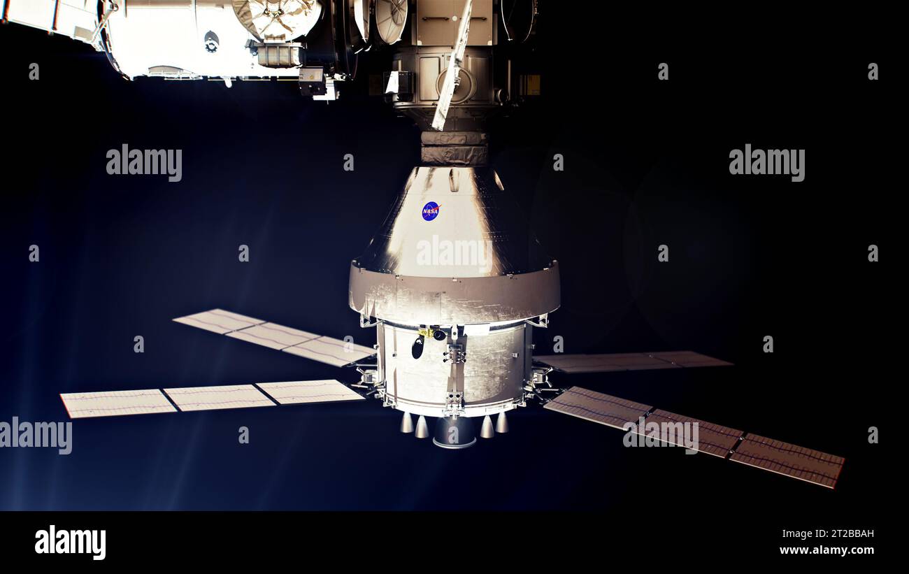 . Gateway Nahaufnahme - Orion Raumschiff. Das Orion-Raumschiff dockte an der Gateway-Raumstation an. Orion wird Gateway zum ersten Mal auf der Artemis IV-Mission besuchen, wenn Astronauten es nutzen werden, um das International Habitat (I-hab)-Modul an Gateway zu liefern. Orion kehrt zu Gateway zurück, um zusätzliche Elemente auf Artemis V und VI zu liefern Stockfoto