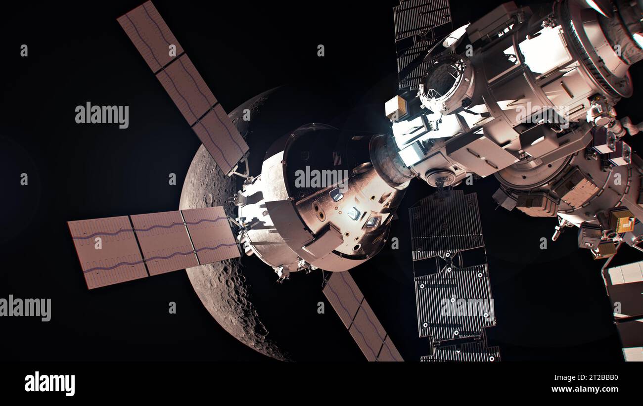 . Gateway Nahaufnahme - Orion Raumschiff. Das Orion-Raumschiff dockte an der Gateway-Raumstation an. Orion wird Gateway zum ersten Mal auf der Artemis IV-Mission besuchen, wenn Astronauten es nutzen werden, um das International Habitat (I-hab)-Modul an Gateway zu liefern. Orion kehrt zu Gateway zurück, um zusätzliche Elemente auf Artemis V und VI zu liefern Stockfoto