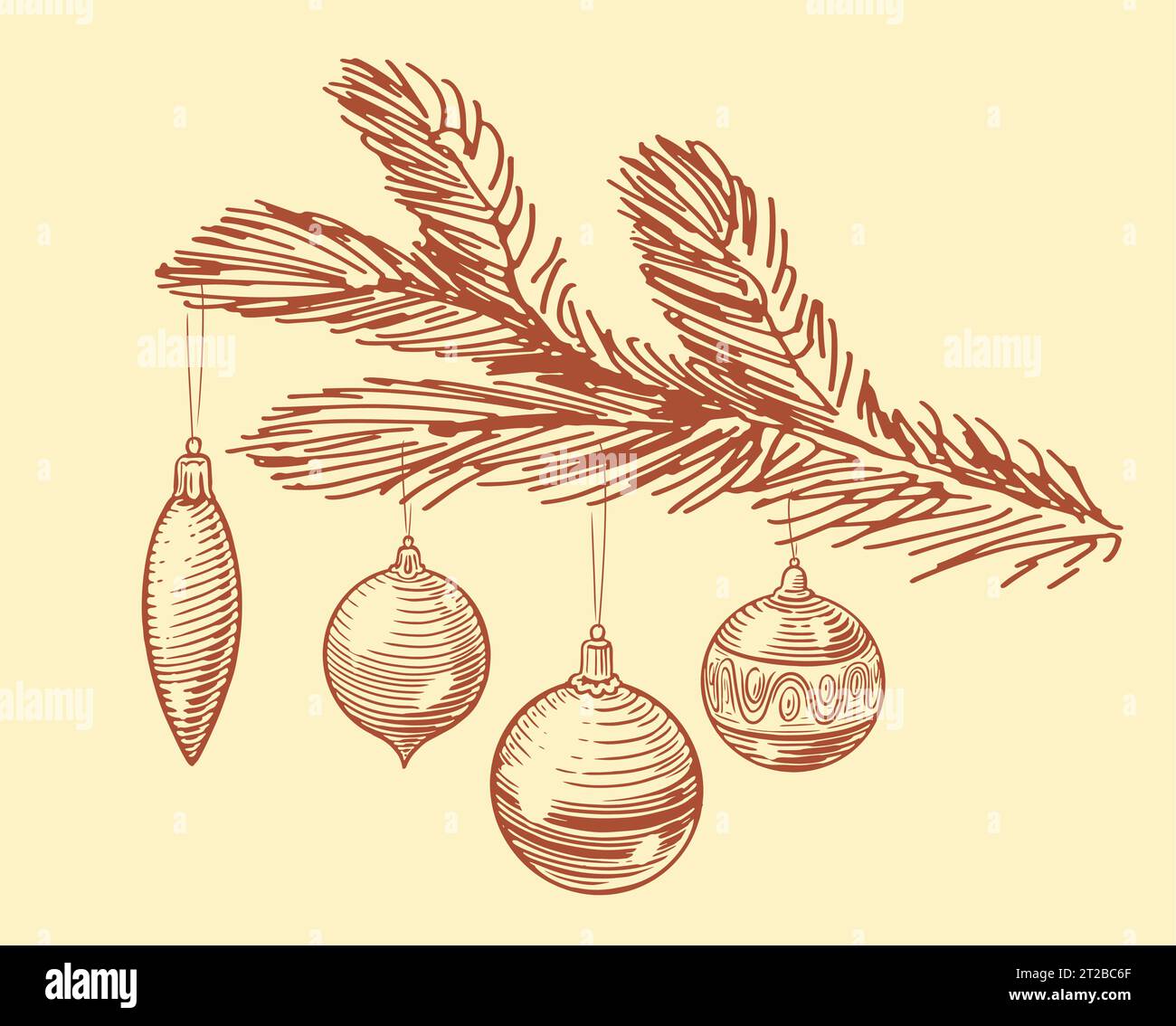 Weihnachtskugeln hängen an einem Tannenzweig. Weihnachtsdekorationen skizzieren Vintage Vektor Illustration Stock Vektor