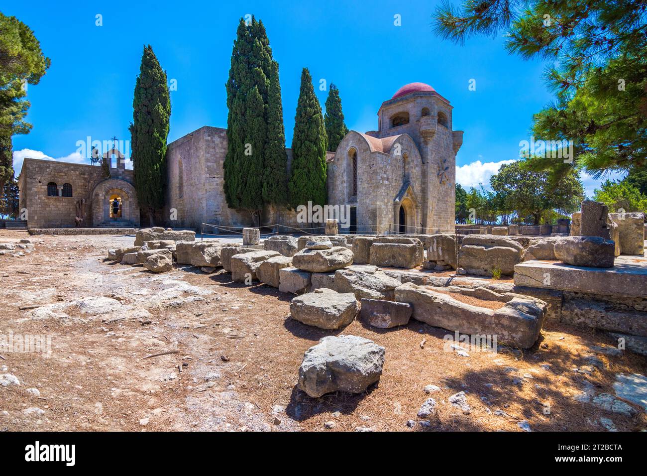 Kloster von Filerimos auf der Akropolis von Ialyssos, Insel Rhodos, Griechenland. Stockfoto