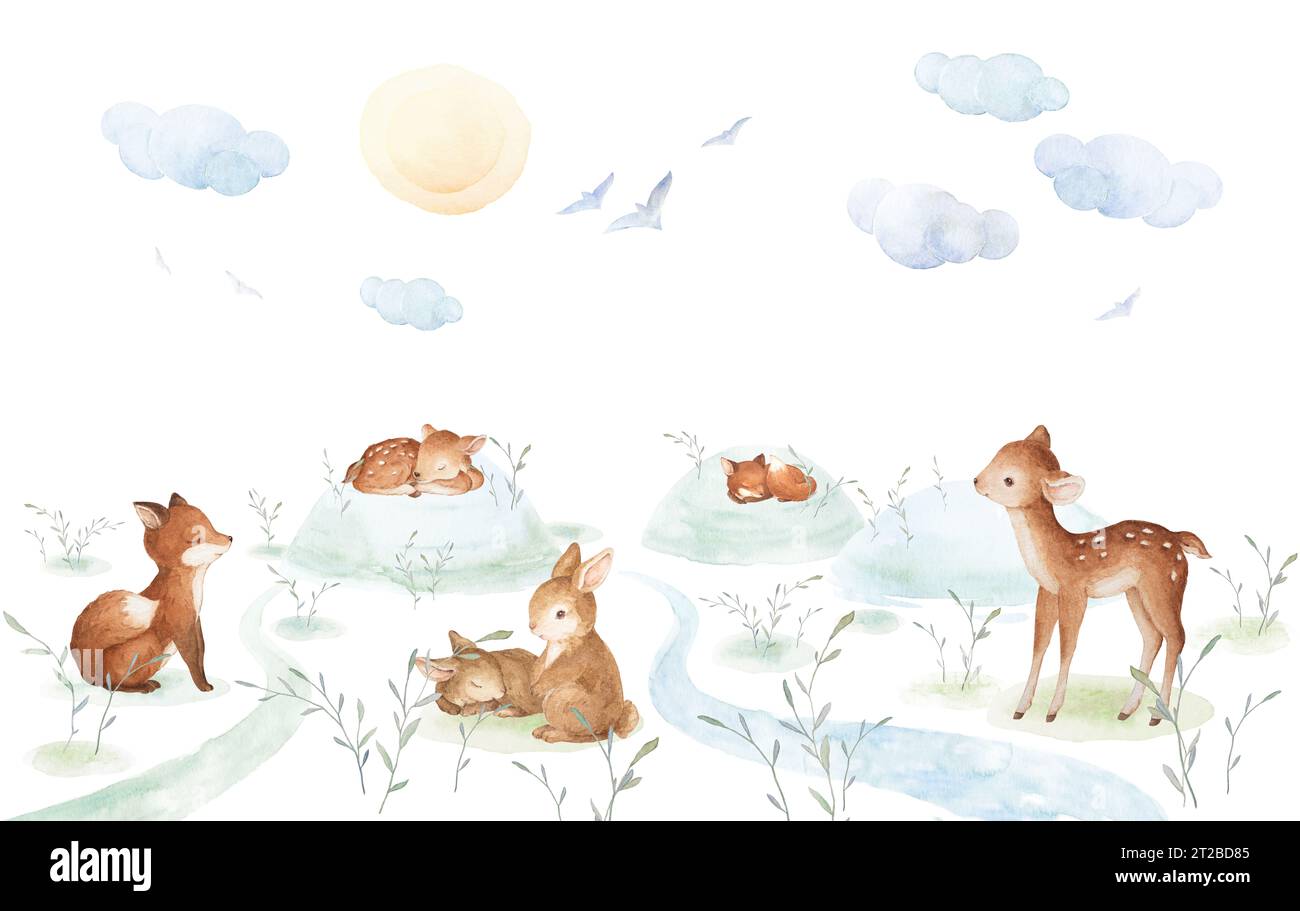 Niedliche Waldtiere Aquarell Clipart, Morgenwald Illustrationen, Vorgefertigte Komposition, Handgezeichnet Aquarell Clip Art, Handgezeichnet Aquarell Baby Stockfoto