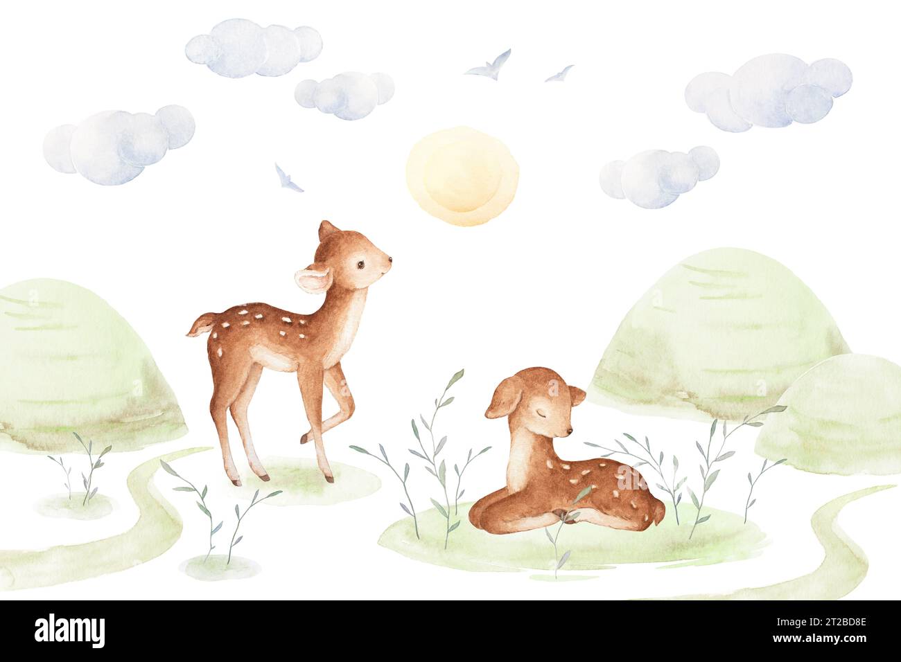 Morning Forest Illustrationen, Baby Deer Aquarell, Vorgefertigte Komposition, Handgezeichnete Aquarellelemente, Baby Forest Animals Clipart Stockfoto