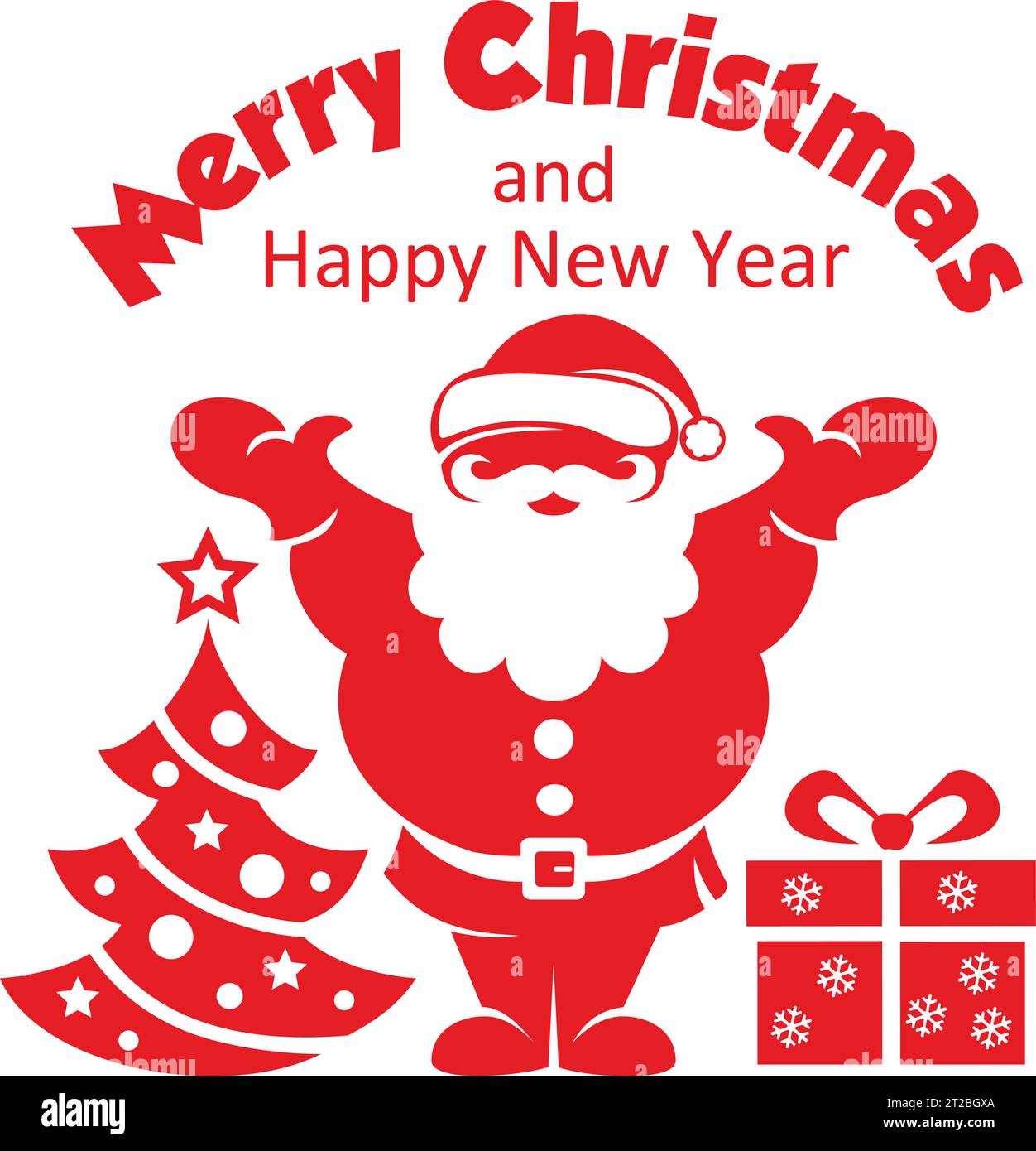 Frohe weihnachten und ein frohes neues Jahr! Grußkarte mit Weihnachtsmann, Neujahrsbaum und Geschenk. Vektor auf transparentem Hintergrund Stock Vektor