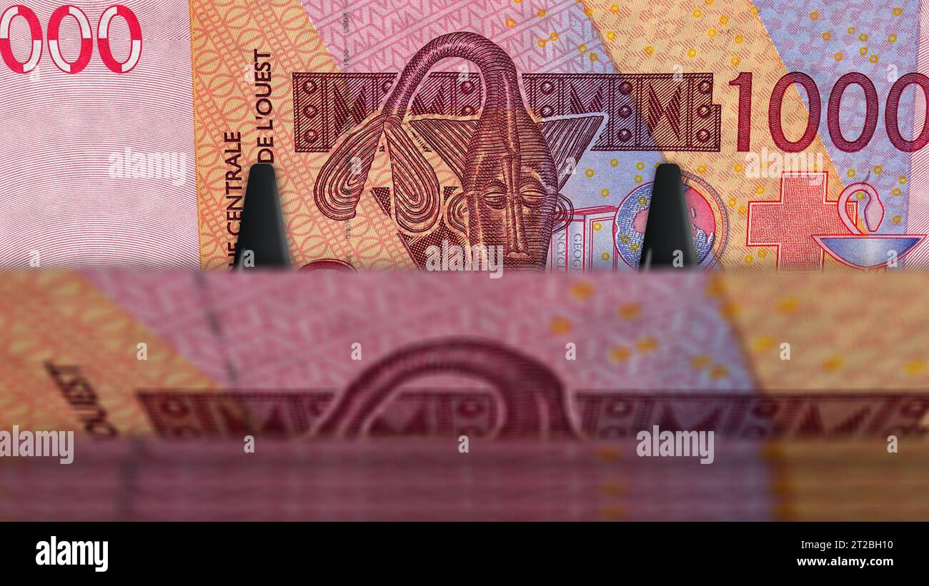 Westafrikanische CFA Money Franc Niger Mali Senegal Afrika 3D-Illustration. 1000 XOF-Banknotenbündel. Konzept von Finanzen, Wirtschaft, Wirtschaft, Wirtschaft, b Stockfoto