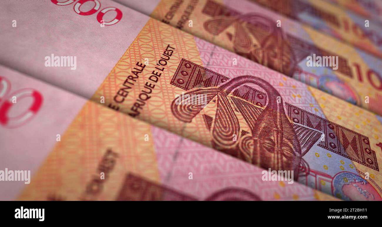 Westafrikanische CFA Money Franc Niger Mali Senegal Afrika Druck 3D Illustration. 1000 XOF-Banknotendruck. Konzept von Finanzen, Wirtschaft, Geschäftserfolg Stockfoto
