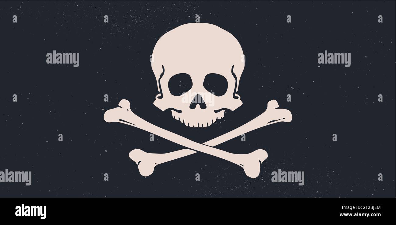 Totenschädel Crossbones. Retro-handgezeichneter weißer Schädel mit Kreuzknochen auf schwarzer Piratenfahne. Vintage-Poster mit schwarzem Schädelskelett auf dunklem Hintergrund für Halloween. Vektorabbildung Stock Vektor