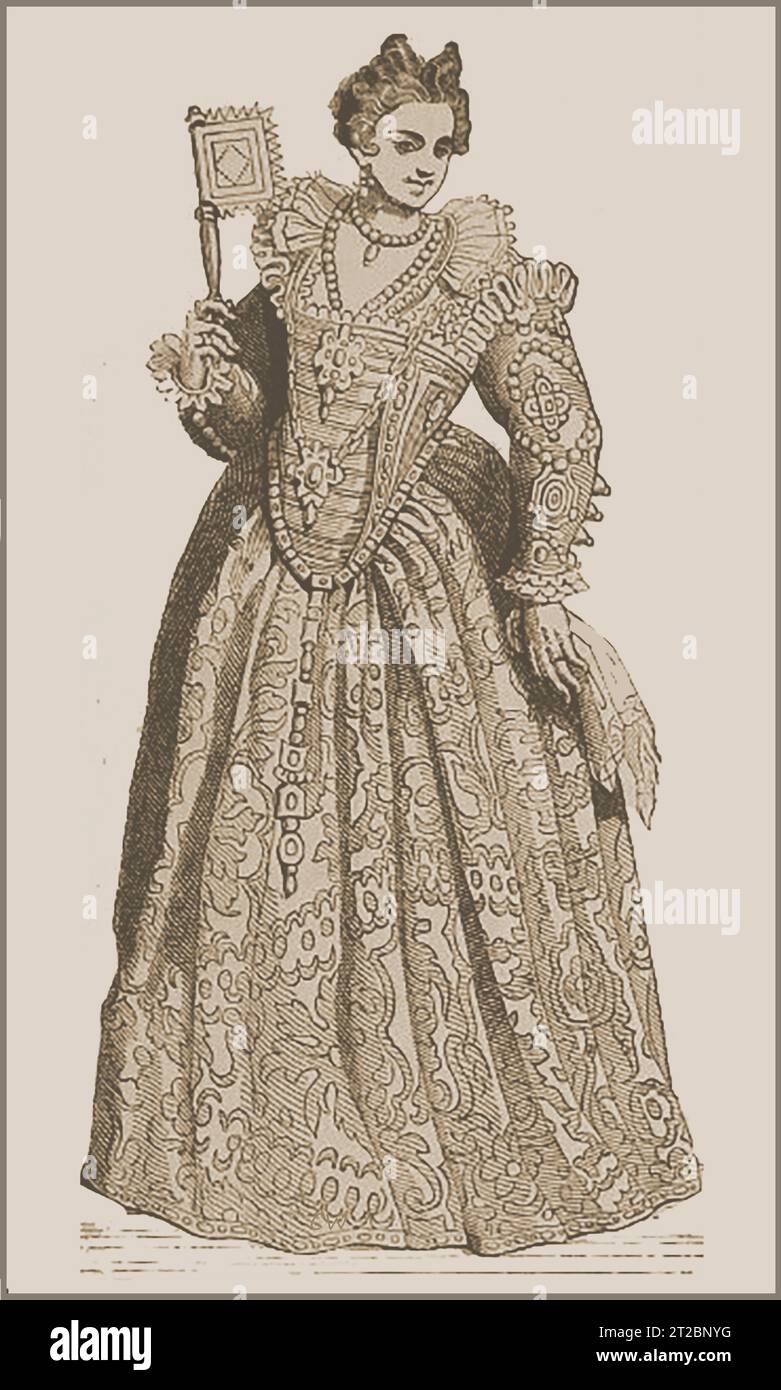 Eine venezianische Oberklasse Dame mit einem Fan und typischer Kleidung des 16. Jahrhunderts. - Dama dell'alta borghesia veneziana con ventaglio e abito tipico del '500... Stockfoto