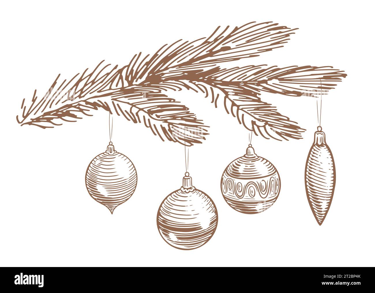Handgezeichnete Weihnachtsdekorationen, Kugeln und Kugeln, die an einem Tannenzweig hängen. Frohe Weihnachten und frohes neues Jahr Stock Vektor