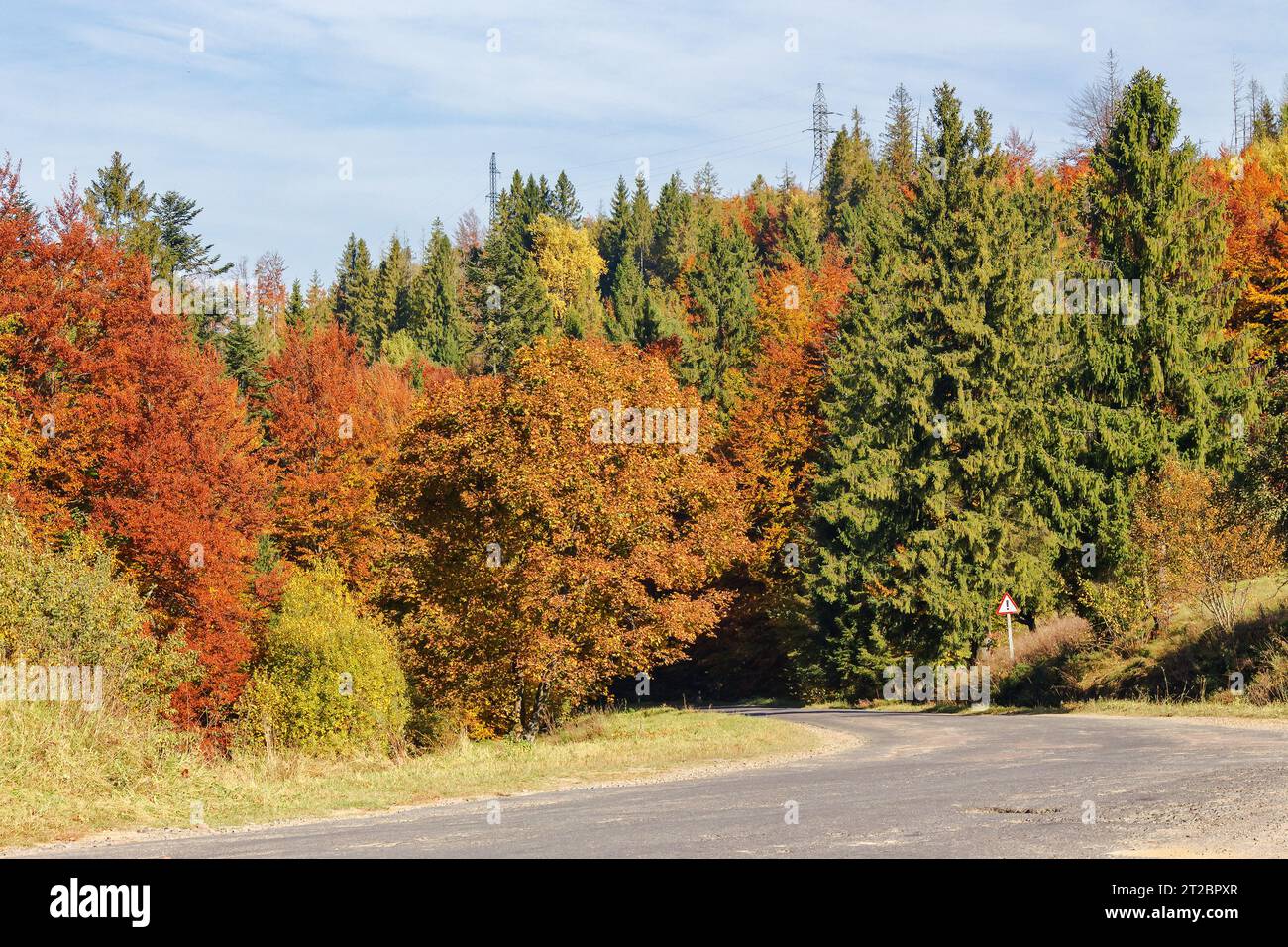 Straße durch bewaldete Landschaft im Herbst. Bäume in Herbstfarben. Bergige ländliche Gegend an einem sonnigen Tag Stockfoto