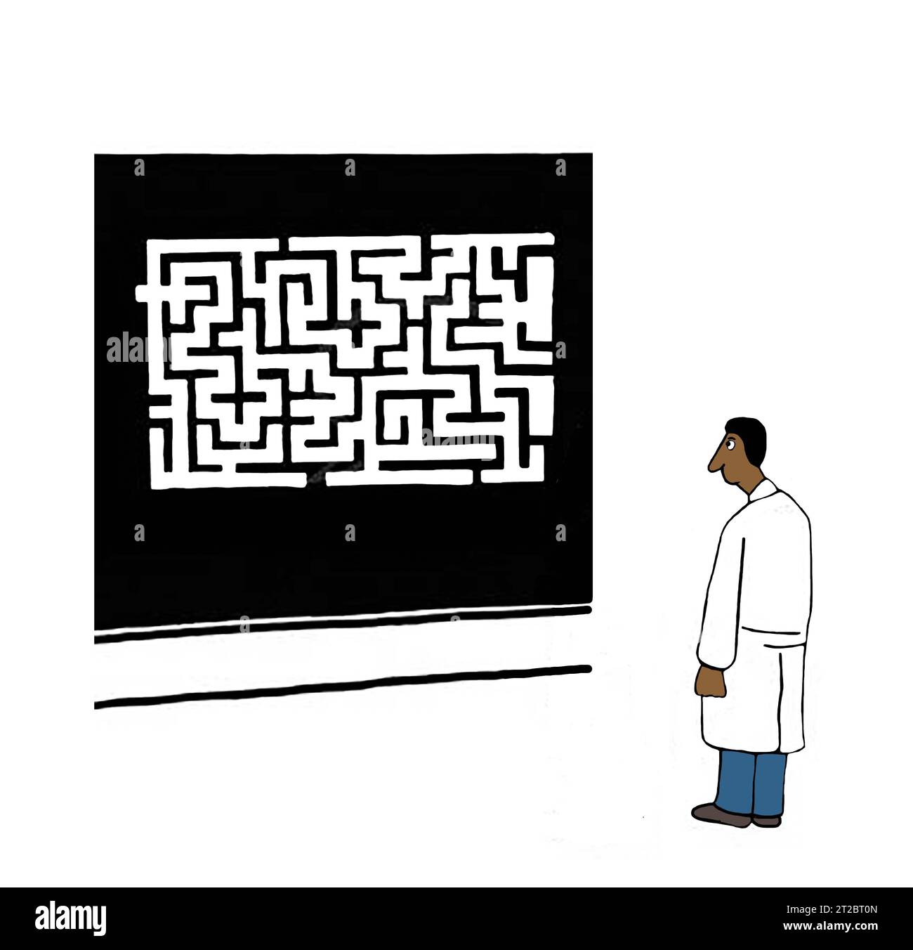 Ein schwarzer Wissenschaftler muss durch ein Labyrinth gehen, um das Problem zu lösen. Stockfoto