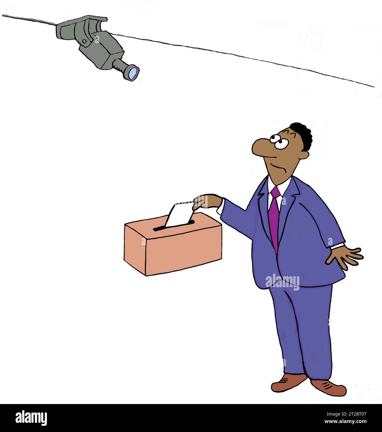 Ein schwarzer Mitarbeiter wird von einer Kamera beobachtet, wie er einen Vorschlag in eine Vorschlagsbox eingibt. Stockfoto