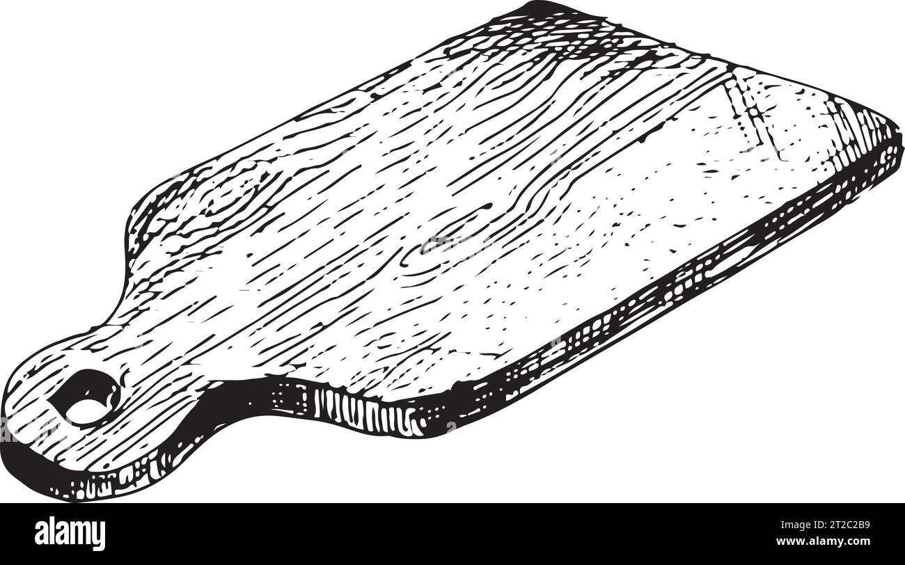 Vektorgrafik-Illustration des Schneidebretts. Schwarzweißskizze auf weißem Hintergrund. Geeignet für Logo, Restaurant-Design Stock Vektor
