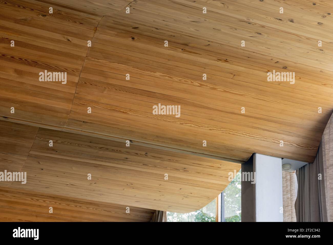 Gebogene Decke aus Holzdielen, Hintergrundfoto parametrischer Architektur Stockfoto