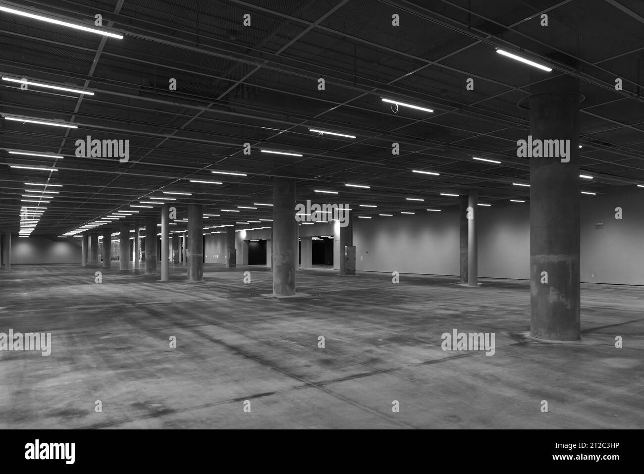 Dunkler leerer Parkplatz, Betoninnenraum mit Säulen und Neonlichtern, Hintergrundfoto moderner Architektur Stockfoto