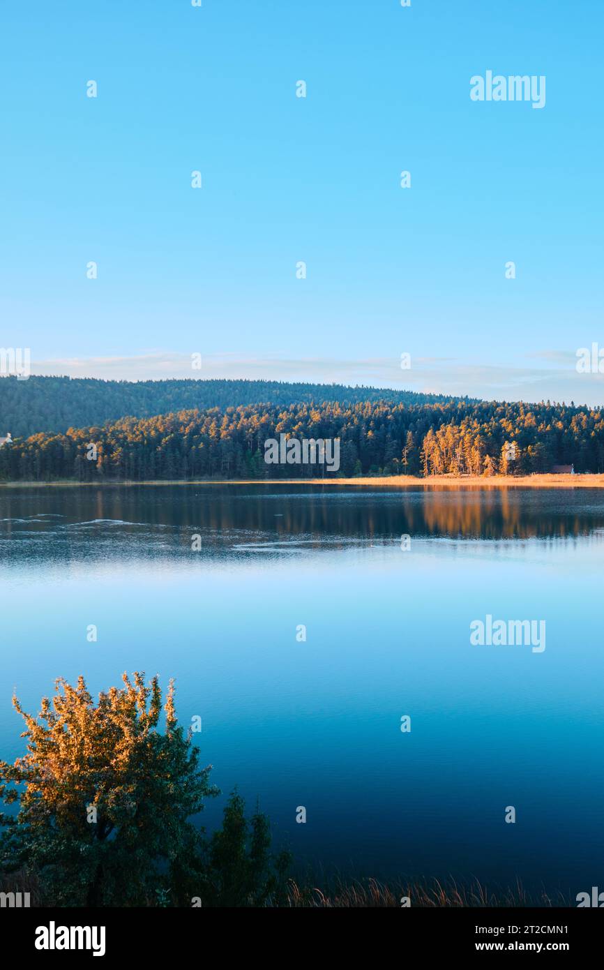 Bolu, Türkei - 16. Oktober 2023: Blick auf den Abant Lake. Landschaft des Sees und Gebirgszuges bedeckt von Kiefern im Abant National Park Stockfoto