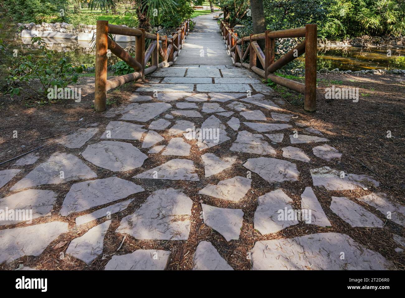 Eine Brücke mit Geländern aus Holzstämmen, Dielen und Zugang zu ihnen entlang eines Steinweges in einem Stadtpark Stockfoto