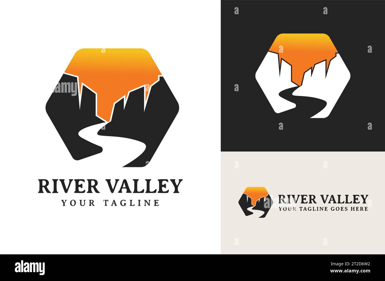 Illustration von Canyon sechseckigen hohen Klippen und Fließend River Logo Design Outdoor Adventure Stock Vektor