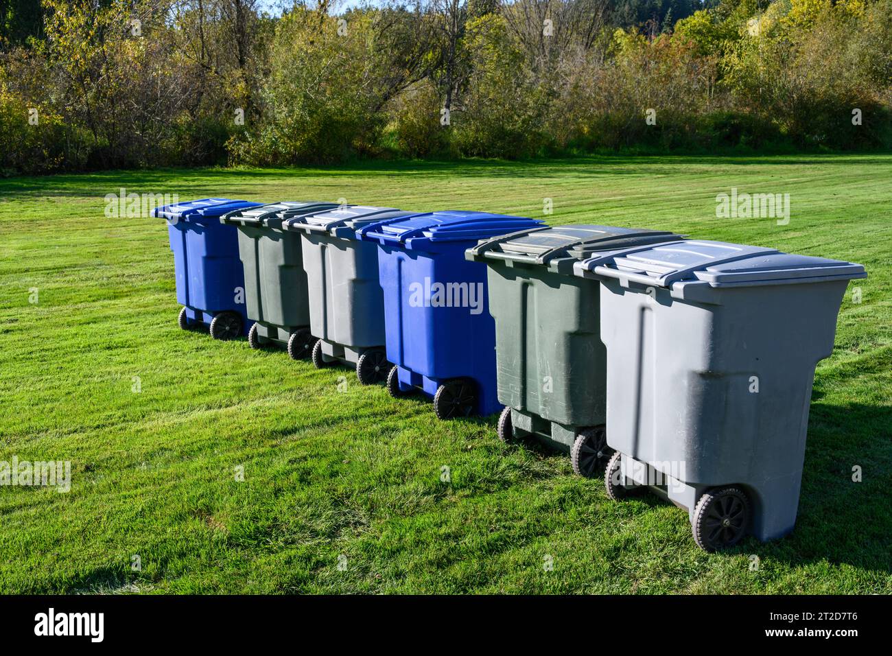 An einem sonnigen Herbsttag auf einem frisch gemähten Rasen in einem Park wurde eine Reihe von Müll-, Recycling- und Abfallbehältern aufgestellt Stockfoto