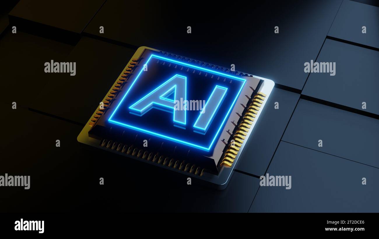 Computerchip mit Seufzen im Neonlicht-3D-Rendering Stockfoto