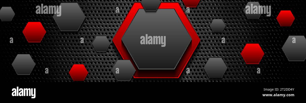 Trendige Komposition von roten und schwarzen Sechsecken auf schwarzem Hintergrund. Perforiertes Design in dunklem Metallic-Design. Geometrische Darstellung der Technologie. Vektor h Stock Vektor