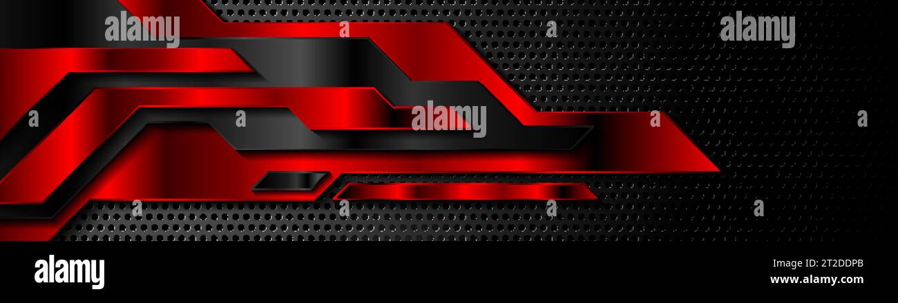 Roter und schwarzer, futuristischer abstrakter Technologiehintergrund. Perforiertes Chrom-Metallic-Design. Vektor-Header-Banner Stock Vektor