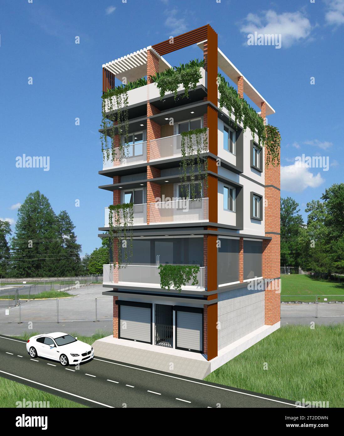 Apartment Außendesign.3D Haus Design und Rendering.3D Illustration eines neu gebauten Luxushauses. Kunst, Gebäude Stockfoto