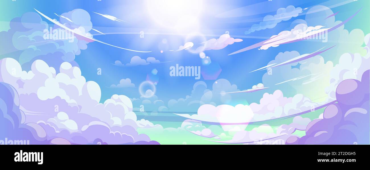 Anime Wolke im blauen Himmel Himmel Vektor Hintergrund. Abstraktes, wolkiges Air-Design für den Sommer mit Gefälle und Sonnenlicht mit Reflexion. Wunderschönes ruhiges Morgenspiel im Freien mit Sonnenschein-Malerei. Stock Vektor