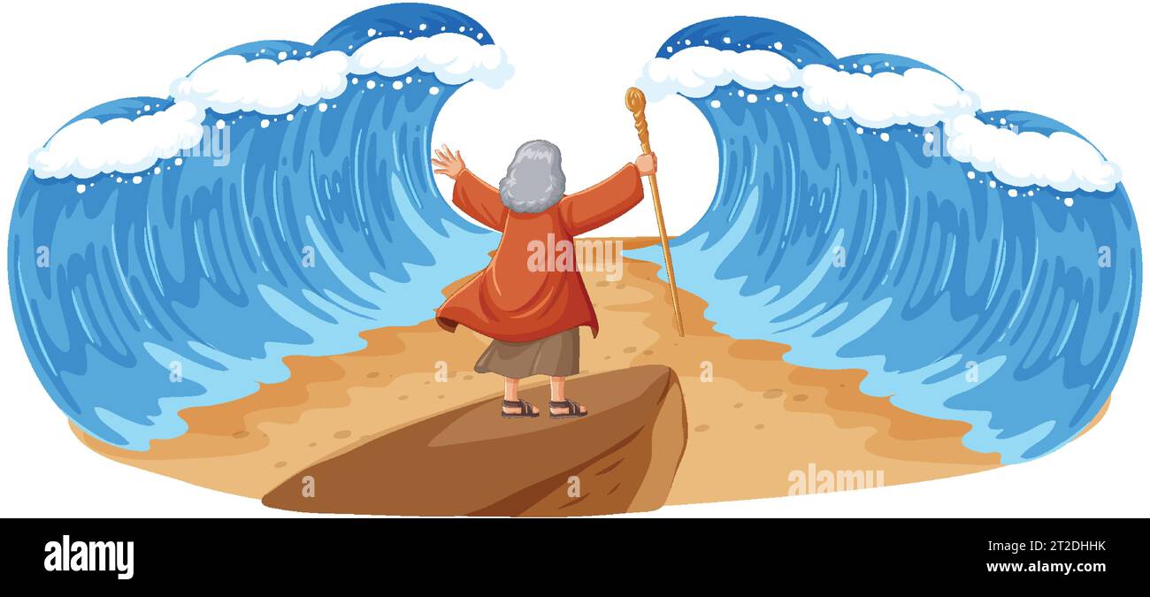 Illustration von Moses, der das Rote Meer im Cartoon-Stil teilt Stock Vektor