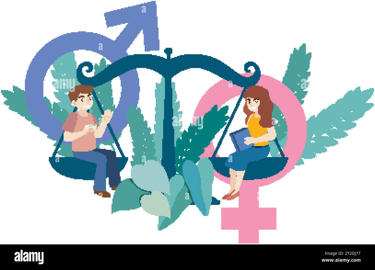 Illustration eines Mannes und einer Frau mit Geschlechtssymbolen in einer verzerrten Fischaugenperspektive Stock Vektor