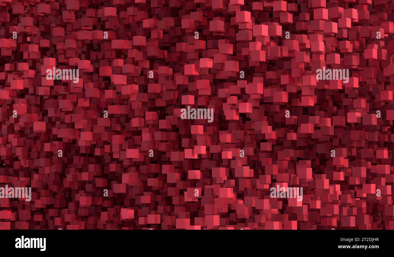 Abstrakter geometrischer roter Hintergrund mit zufälliger Position der 3D-Würfel. 3D-Rendering. Stockfoto