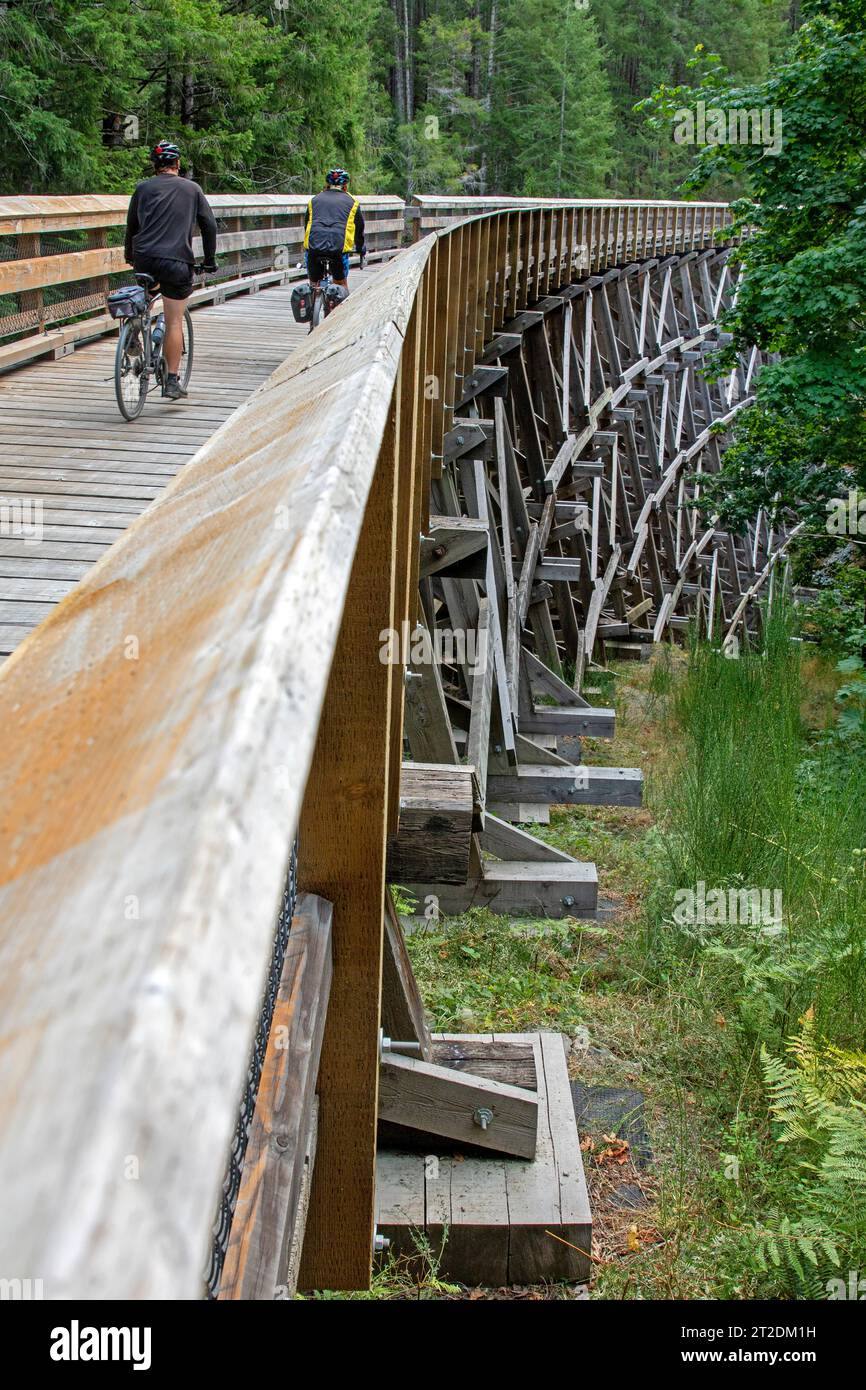 Radeln Sie über eine Trestle Bridge auf dem Galloping Goose Trail im Sooke Potholes Regional Park Stockfoto