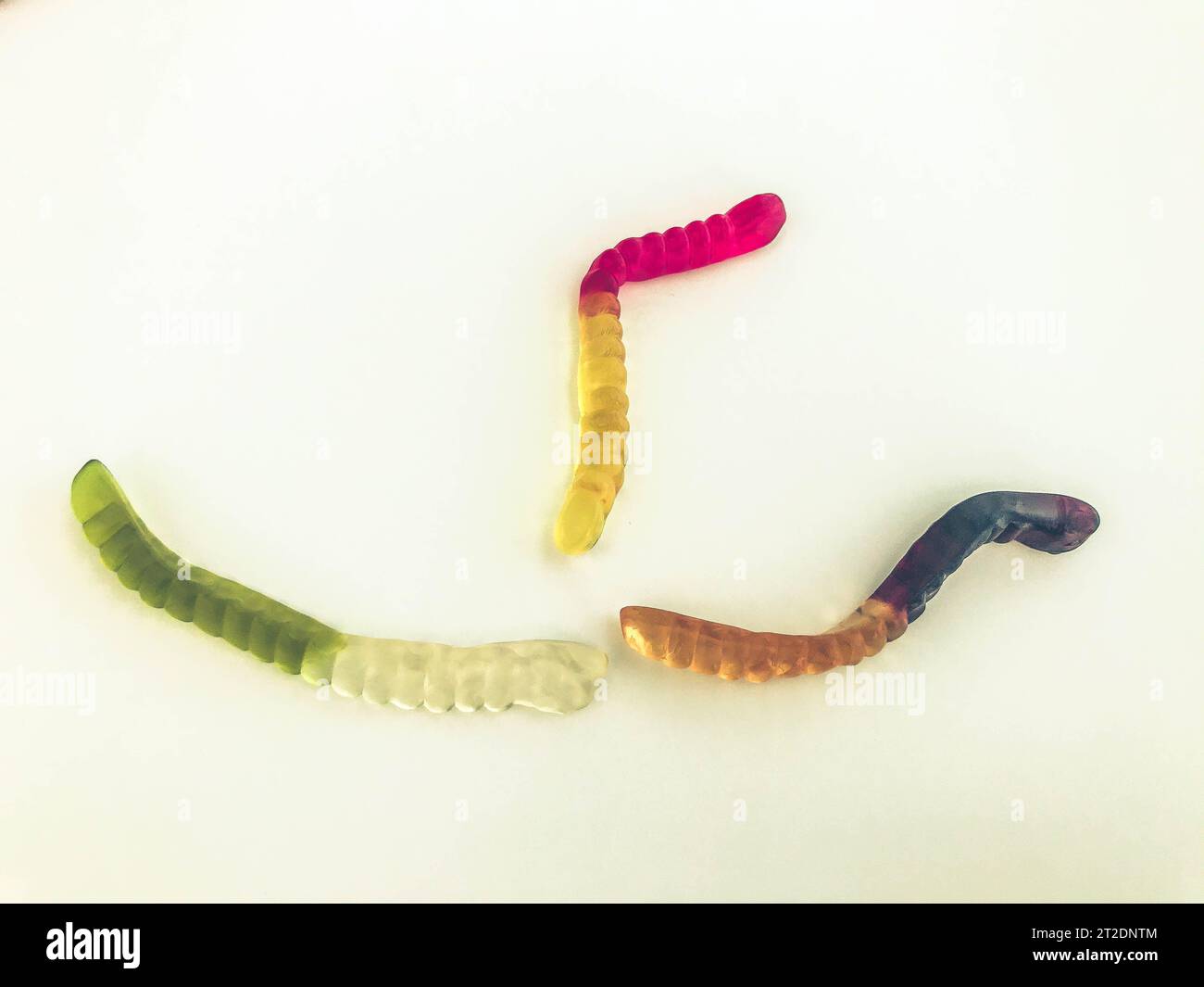 Gummiwürmer in verschiedenen Farben liegen auf einem weißen, matten Hintergrund. Gelatinöse Süße. Würmer in Form eines Schiffes. Handgemachtes Dessert. Appetitliches Feinkost Stockfoto