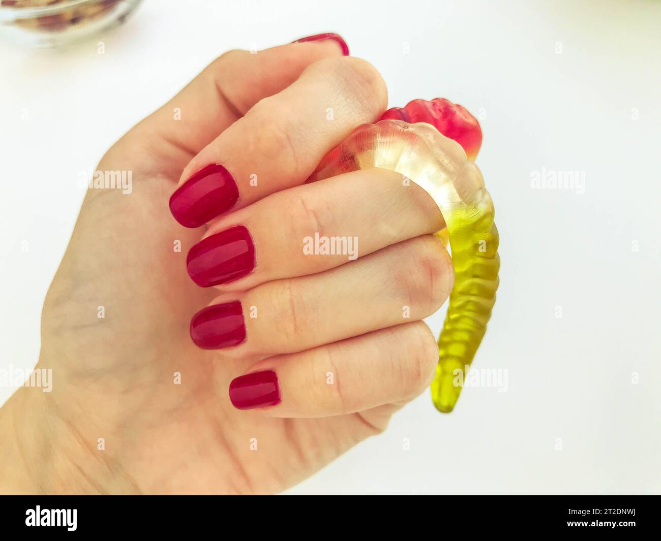 Eine Menge Gummiwürmer liegen bei einem Mädchen mit einer roten Maniküre auf einem orange matten Hintergrund. Köstliches, appetitliches Dessert. Handgemachte Würmer. Stockfoto