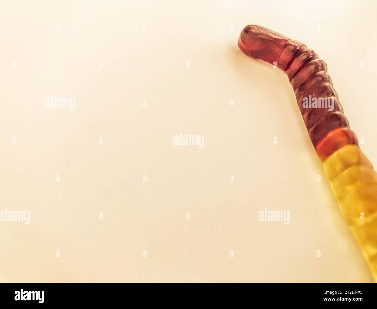 Gummiwürmer liegen auf einem weißen rosa matten Hintergrund. Helle, mundtränende gelatinöse Würmer von bräunlich-gelber Farbe. Köstliche Süßigkeiten. Behandlung ch Stockfoto