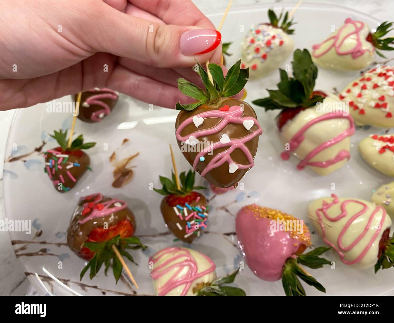 Eine Frau hält eine Schachtel mit Erdbeeren, Nachtisch zum Valentinstag, Romantik, Essen als Geschenk in der Hand. Hausgemachte rote Erdbeeren in Stockfoto