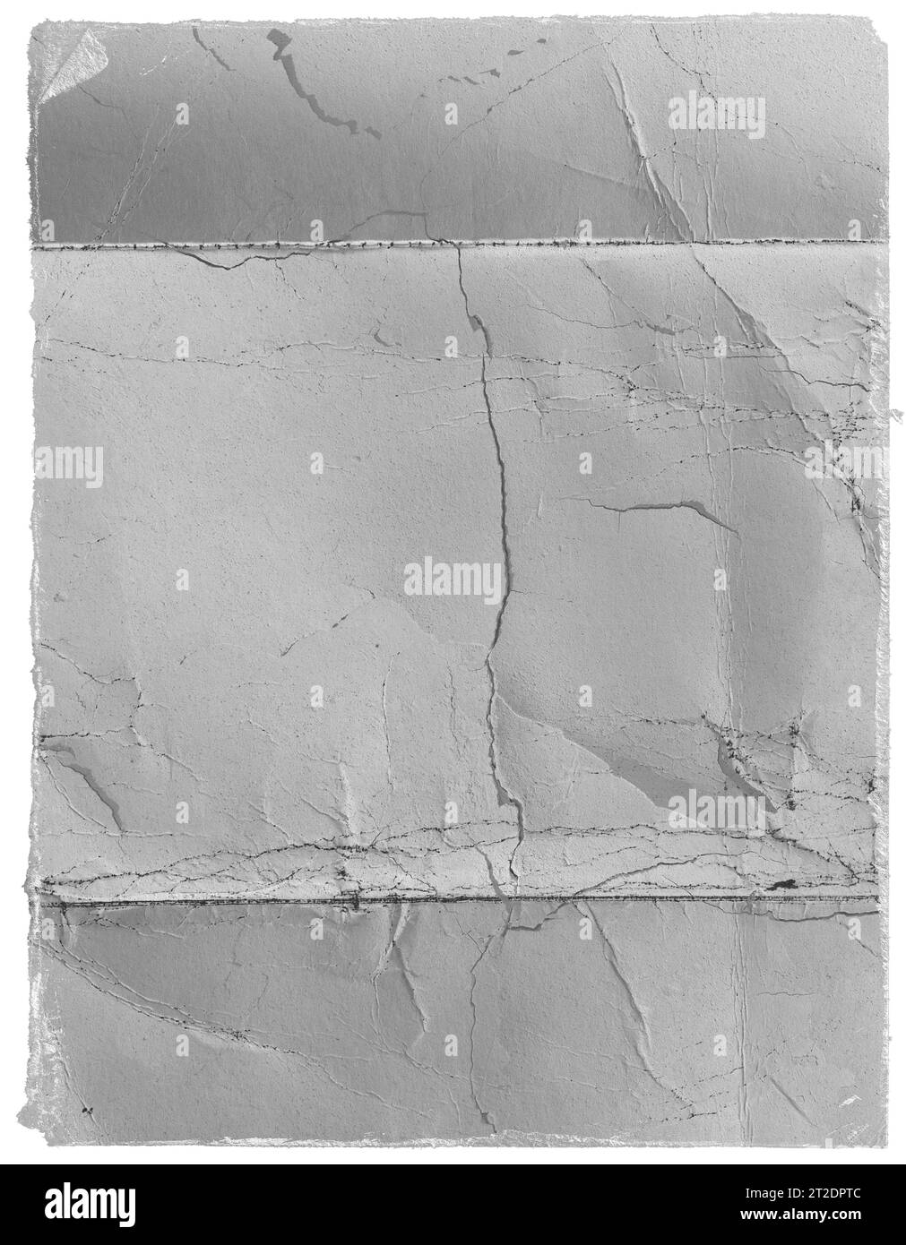 Gefaltetes Papier auf Wand-Overlay-Effekt, klebrige Kratzstrukturen Formen und Texturen, Retro- und Fleckeneffekt, faltiges Vintage-Papier Stockfoto