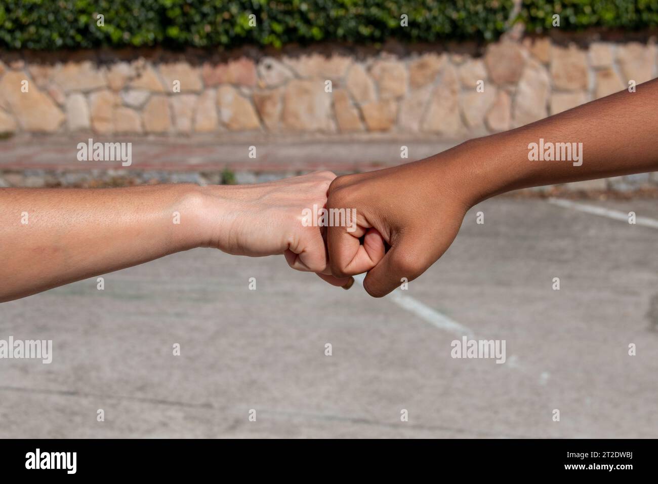 Hände verschiedener Ethnien, afrikanischer und europäischer Herkunft, mit Faust zu Faust in einem Konzept der Freundschaft oder Kameradschaft Stockfoto