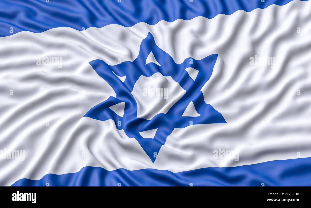 Faltige israelische Flagge isoliert auf weißem Hintergrund. 3D-Rendering Stockfoto