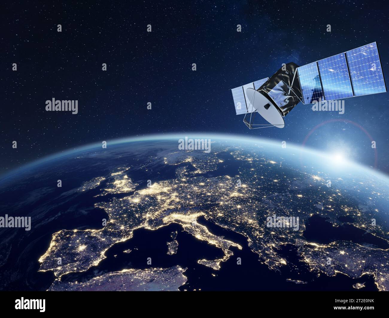 Telekommunikationssatelliten, die ein globales Internetnetz und Hochgeschwindigkeitsdatenkommunikation über Europa bereitstellen. Satellit im Weltraum, niedrige Erdumlaufbahn. Wor Stockfoto