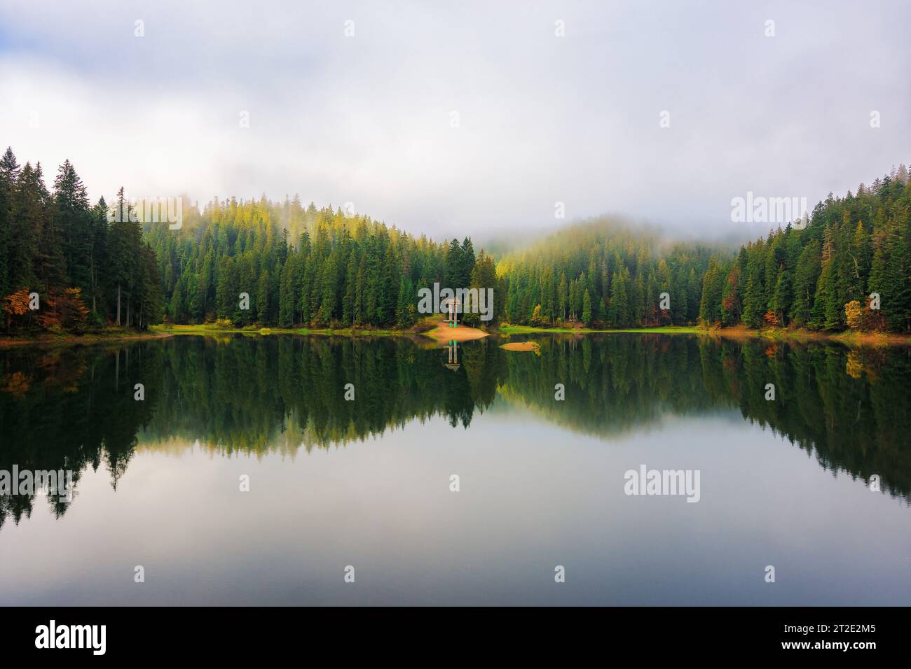 Nebeliger Morgen am See in den Bergen. Wunderschöne Herbstlandschaft mit bewölktem Himmel. Die Natur spiegelt sich im Wasser. Synevyr-Nationalpark, u Stockfoto