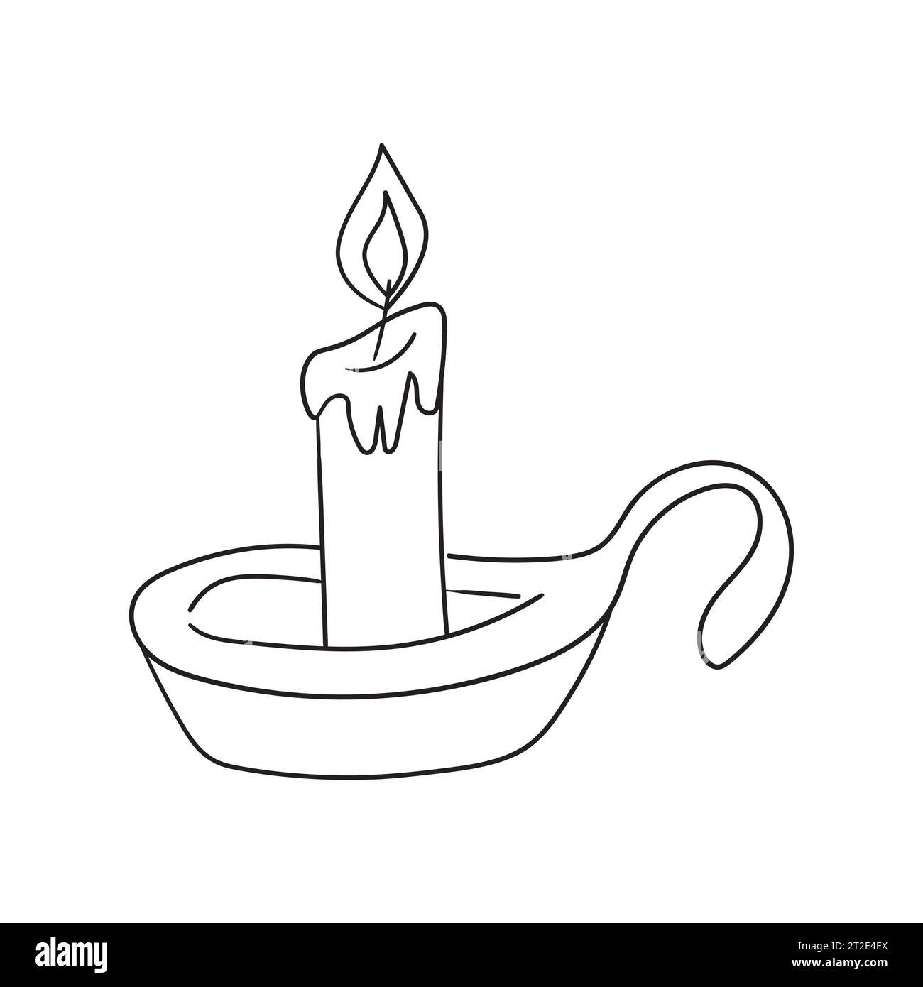 Eine langgezogene Wachskerze in einem Kerzenhalter, der von Hand gezeichnet wurde. Skizzieren Sie im Doodle-Stil. Brennende Kerze wird mit einem Griff geliefert. Abbildung des isolierten Vektors wi Stock Vektor