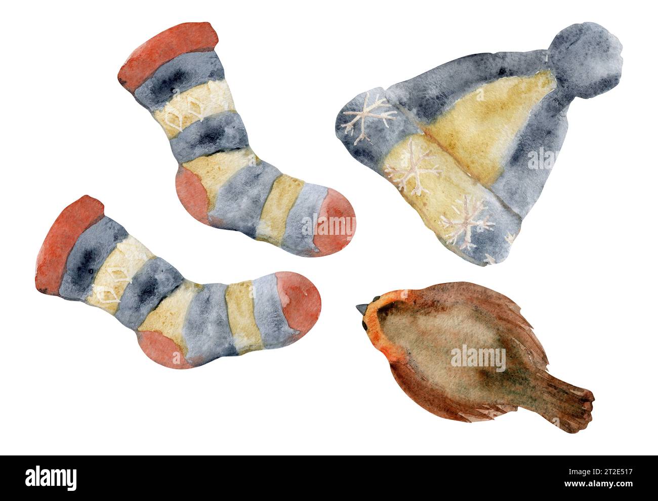 Handgezeichnete Aquarellillustration. Handgefertigte beige blaue rote Wollmütze mit Pompon und gestreiften Socken, robin Bird. Zusammensetzung isoliert auf Stockfoto