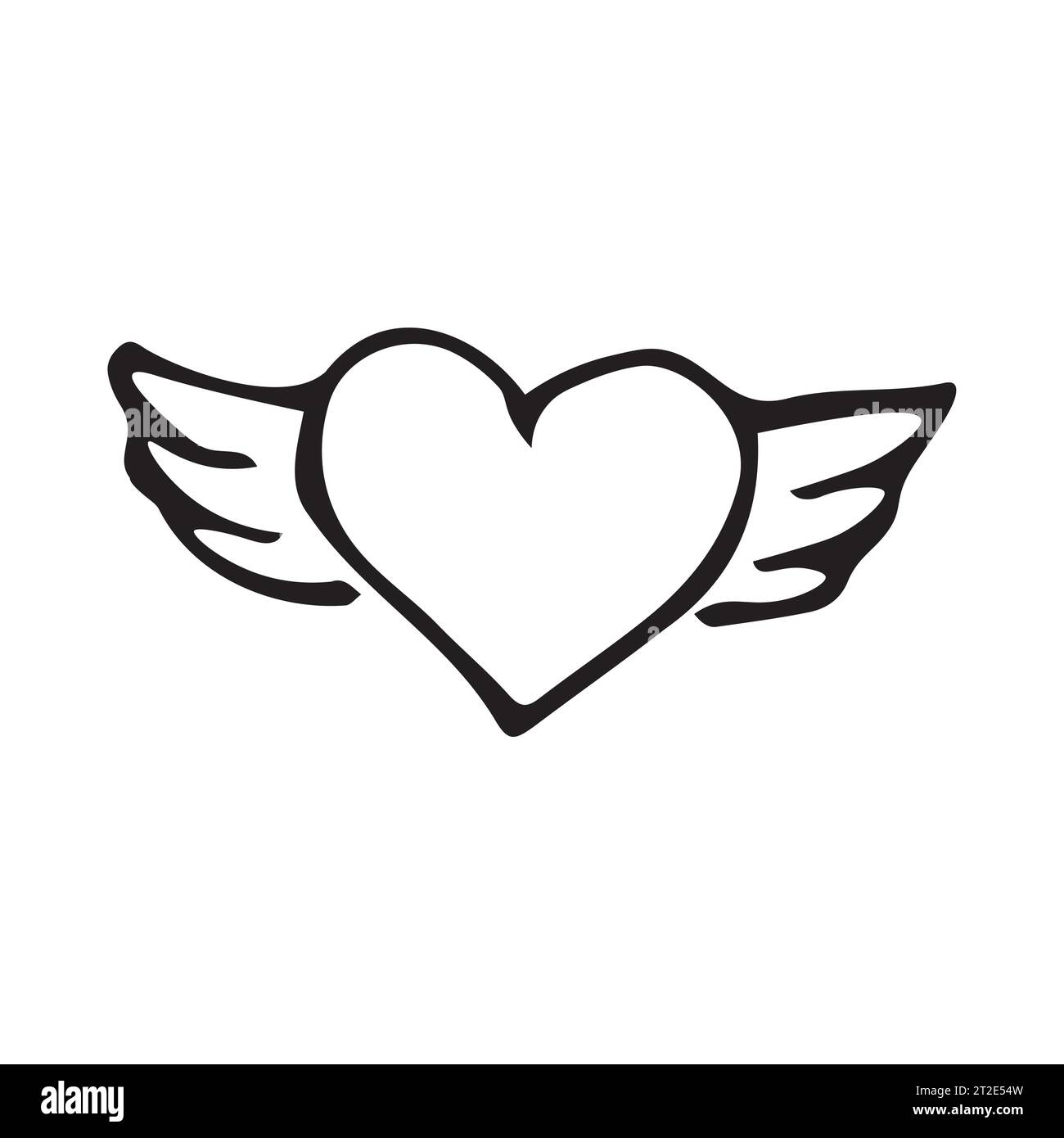 Doodle Heart mit Flügeln von Hand gezeichnet. Dekoratives Dekorelement für Valentinstag. Gut für Grußkarte, Tattoo-Design. Isoliert auf weißem Backgro Stock Vektor