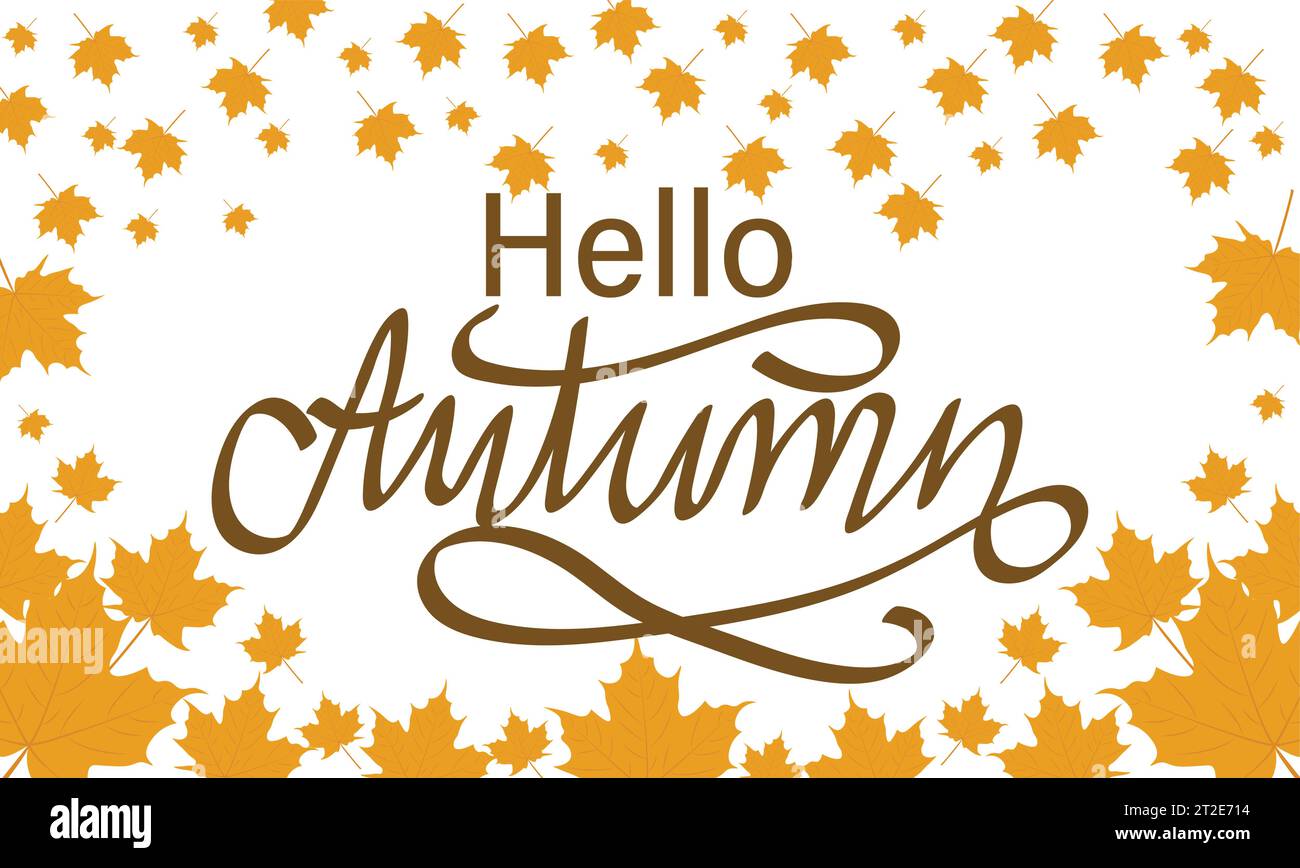 Hallo Herbsttext. Herbstblätter in verschiedenen Farben auf weißem Hintergrund. Vektor-Handzug-Schriftzug mit Herbstblättern. Vektorabbildung. Stock Vektor
