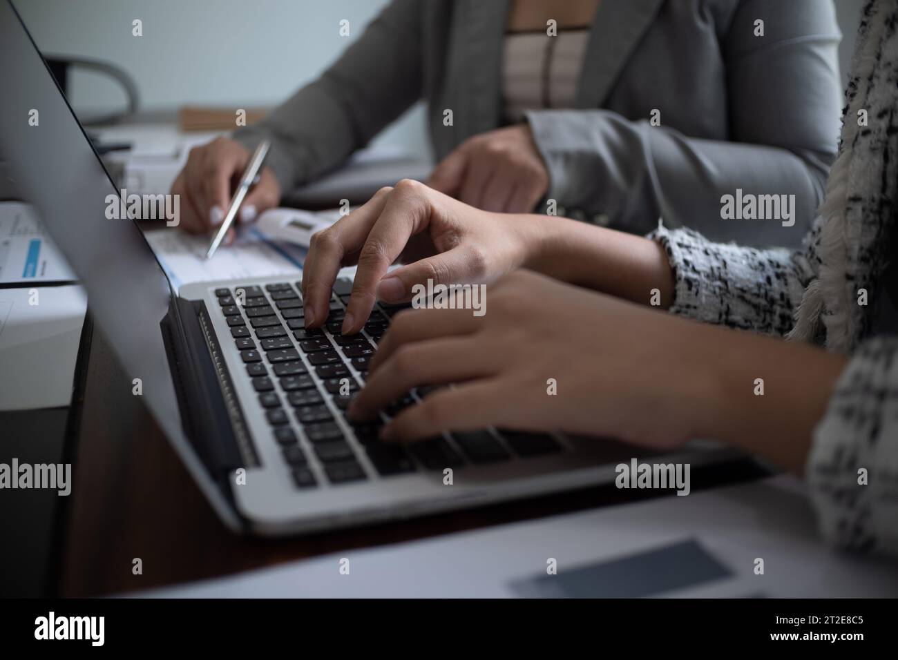 Geschäftsfrau, Unternehmerin, Buchhalter, die am Finanzbericht am Schreibtisch mit Rechner, Laptop arbeitet. Stockfoto