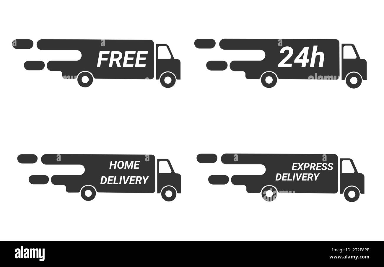 Satz von Zustellungssymbolen. Schnelle Lieferung, kostenlose Lieferung, 24 Stunden, LKW. Vektorillustration Stock Vektor