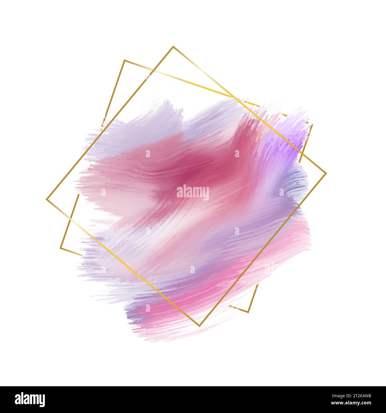 Türkis, hellrosa, lila, goldene Pinselstriche und Flecken im goldenen quadratischen Rahmen auf weißem Hintergrund. Vektorabbildung. Stock Vektor